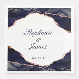 Elegant Navy Rose Gold Foil Agate Wedding Napkin