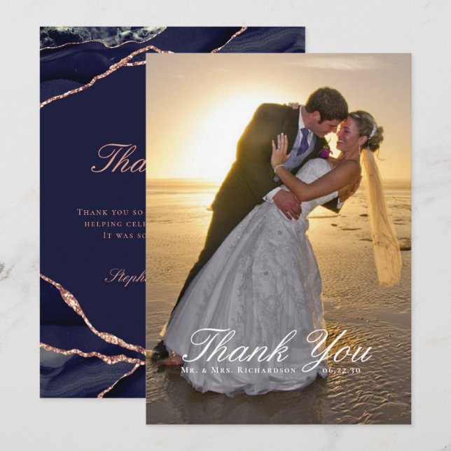Elegant Navy Rose Gold Foil Agate Wedding Photo Thank You Card (Front/Back)