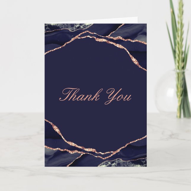 Elegant Navy Rose Gold Foil Agate Wedding Photo Thank You Card (Front)