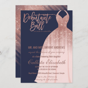 Elegant Navy Rose Gold Glitter Dress Debutante Invitation