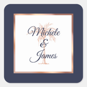 Elegant Navy Rose Gold Palm Tree Tropical Wedding Square Sticker