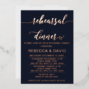 Elegant Navy Rose Gold Script  Rehearsal Dinner 