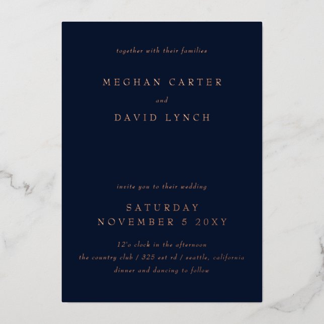 Elegant Navy Rose Gold Wedding  Foil Invitation (Front)