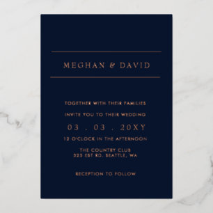 Elegant Navy Rose Gold Wedding  Foil Invitation