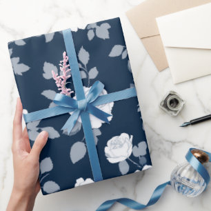 Elegant Navy Rose White Floral Pattern Wrapping Paper