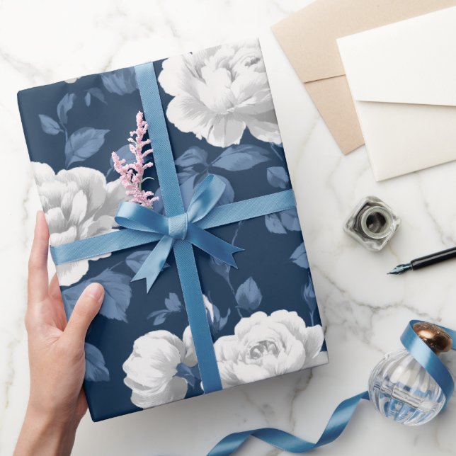 Elegant Navy Rose White Floral Pattern Wrapping Paper (Gifting)