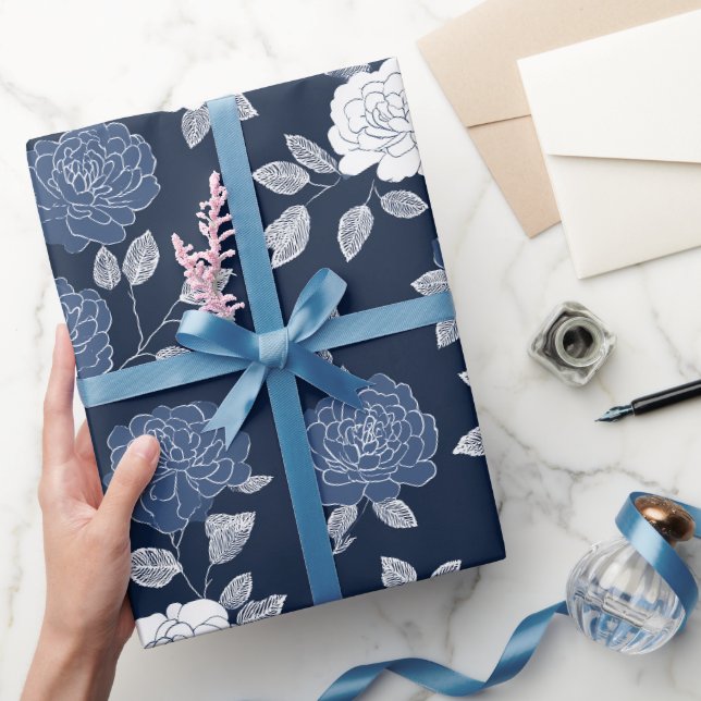 Elegant Navy Rose White Floral Pattern Wrapping Paper (Gifting)