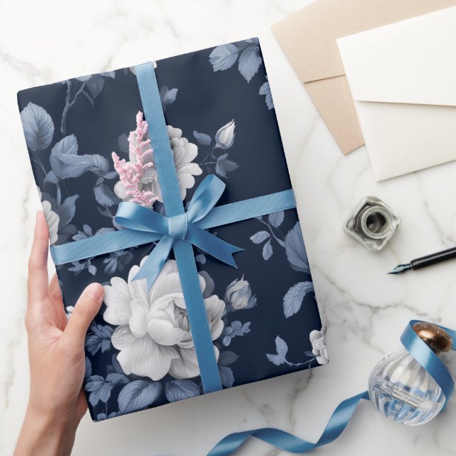 Elegant Navy Rose White Floral Pattern Wrapping Paper (Gifting)