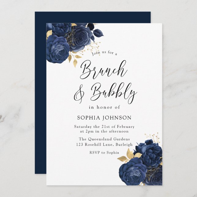 Elegant Navy Roses Brunch Bubbly Bridal Shower Invitation (Front/Back)