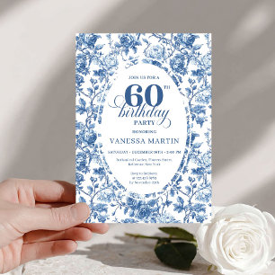 Elegant Navy Roses French Toile 60th Birthday Invitation
