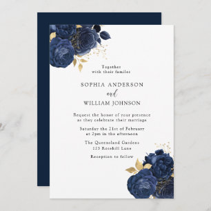 Elegant Navy Roses & Gold Modern Floral Wedding Invitation