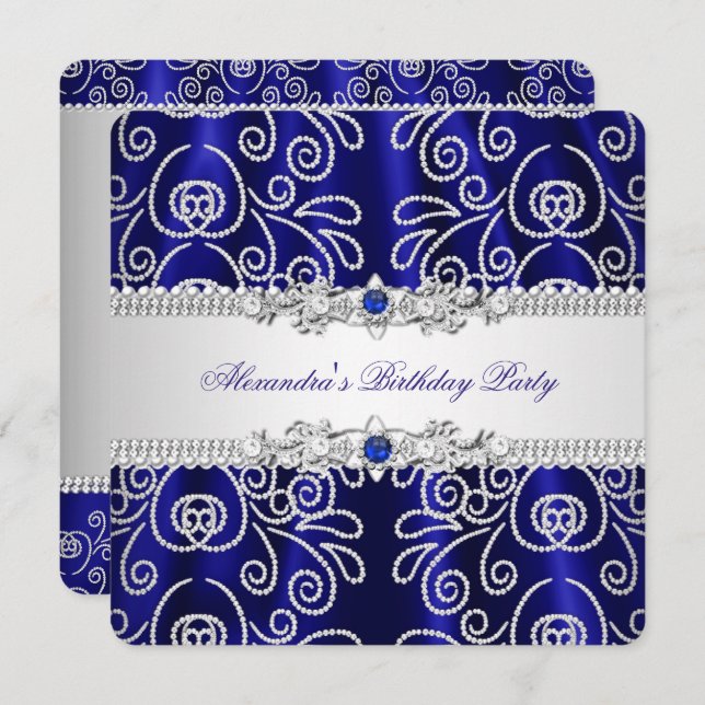 Elegant Navy Royal Blue Lace Diamond Overlay Party Invitation (Front/Back)