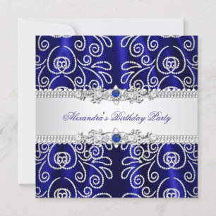 Elegant Navy Royal Blue Lace Diamond Overlay Party Invitation