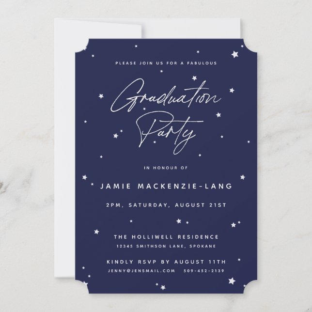 Elegant Navy Script and Stars Graduation Party Invitation (Front)