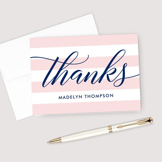 Elegant Navy Script Blush Pink Stripes Thank You Card (Creator Uploaded)
