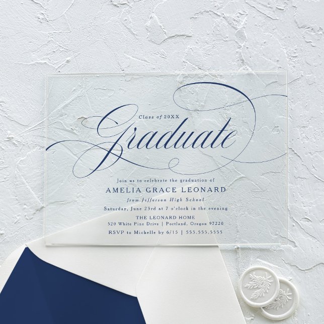 Elegant Navy Script Graduation Party Acrylic Invitations (Creator Uploaded)