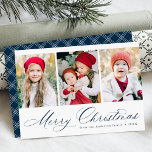 Elegant Navy Script Merry Christmas 3 Photo Holiday Card<br><div class="desc">Simple Christmas card featuring three vertical photos with "Merry Christmas" displayed in a festive navy calligraphy script. Personalise the front of the multi-photo Christmas card with your family name and the year. The card reverses to display a modern navy and white plaid pattern.</div>