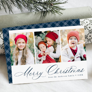 Elegant Navy Script Merry Christmas 3 Photo Holiday Card