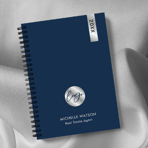 Elegant Navy & Silvee Custom Business Logo 2025 Planner