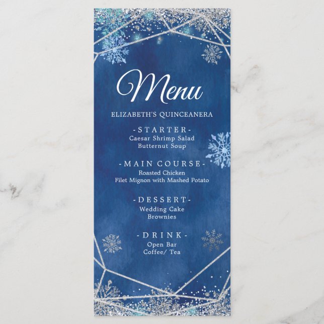 Elegant Navy Silver Christmas Snowflake XV Años Menu (Front)
