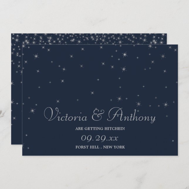 Elegant Navy & Silver Falling Stars Save The Date (Front/Back)