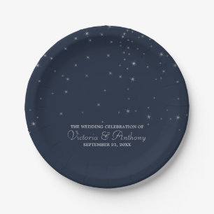 Elegant Navy & Silver Falling Stars Wedding Paper Plate
