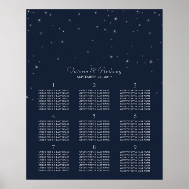 Elegant Navy & Silver Falling Stars Wedding Poster (Front)