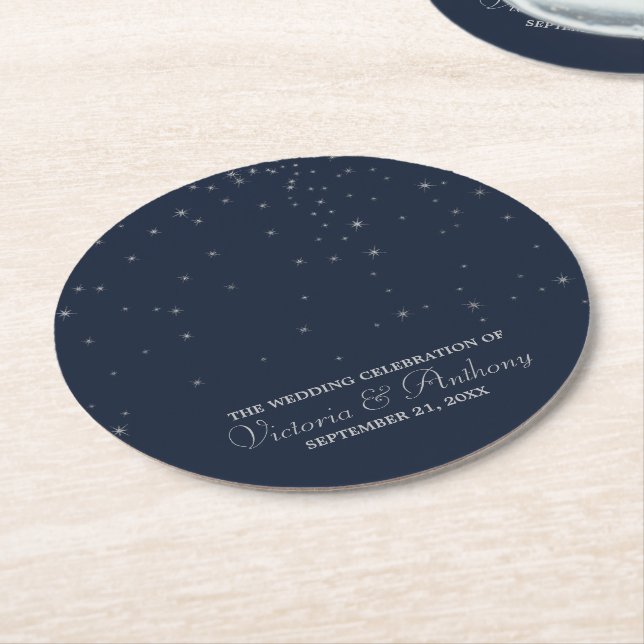 Elegant Navy & Silver Falling Stars Wedding Round Paper Coaster (Angled)