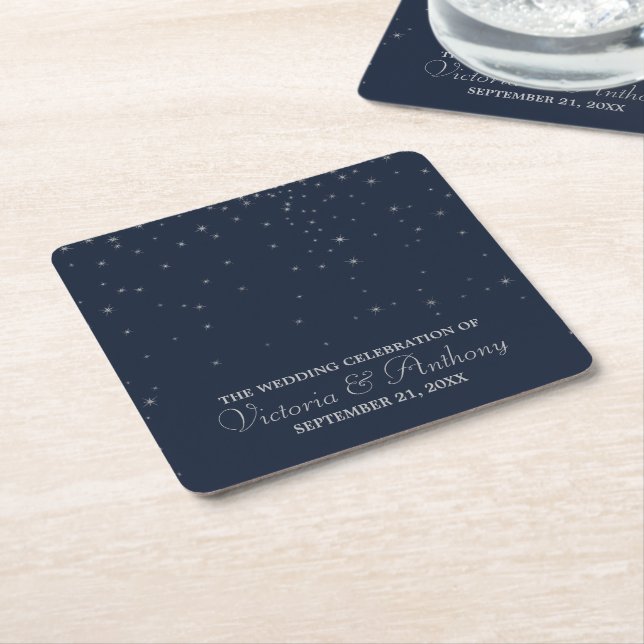 Elegant Navy & Silver Falling Stars Wedding Square Paper Coaster (Angled)