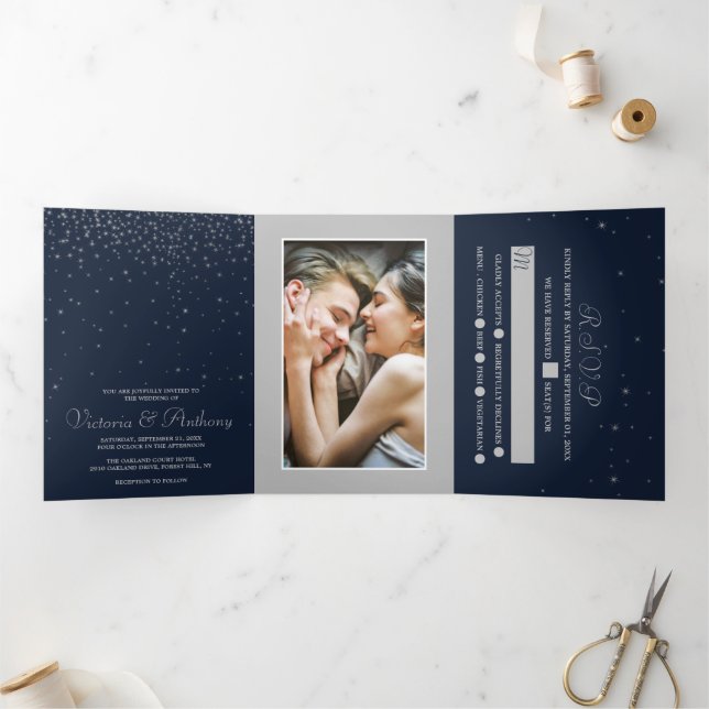 Elegant Navy & Silver Falling Stars Wedding Suite Tri-Fold Invitation (Inside)
