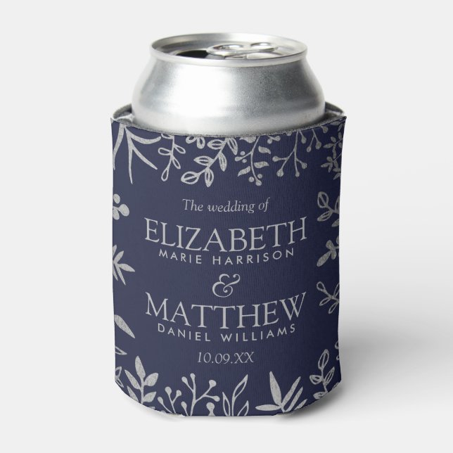 Elegant Navy & Silver Floral Wedding Collection Can Cooler (Can Front)