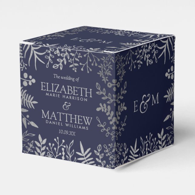 Elegant Navy & Silver Floral Wedding Collection Favour Box (Front Side)