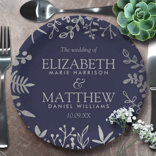 Elegant Navy & Silver Floral Wedding Collection Paper Plate (Creator Uploaded)