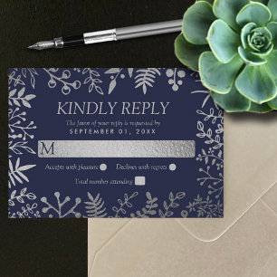 Elegant Navy & Silver Floral Wedding Collection RSVP Card
