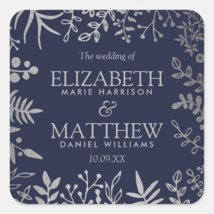 Elegant Navy & Silver Floral Wedding Collection Square Sticker