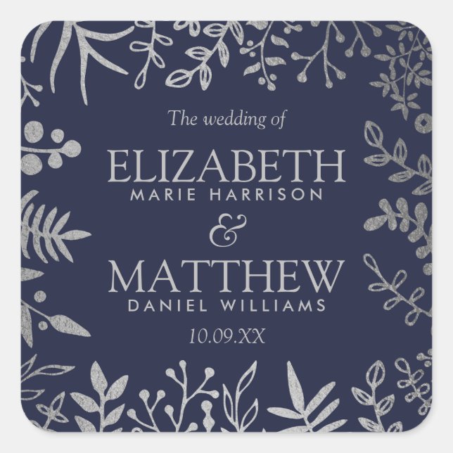 Elegant Navy & Silver Floral Wedding Collection Square Sticker (Front)