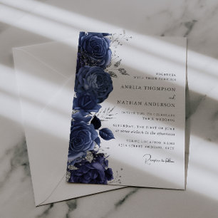 Elegant Navy Silver Floral Wedding Invitation