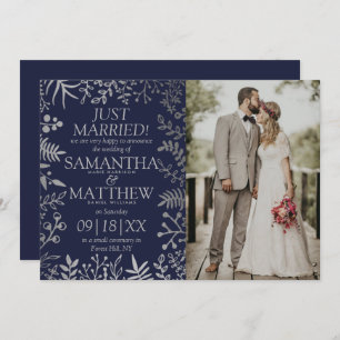 Elegant Navy & Silver Floral Wedding Photo Announcement
