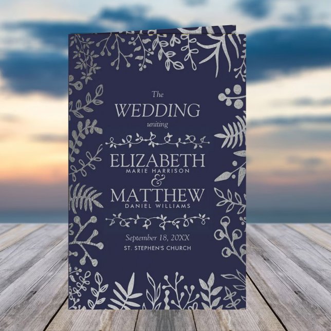 Elegant Navy & Silver Floral Wedding Program (Creator Uploaded)