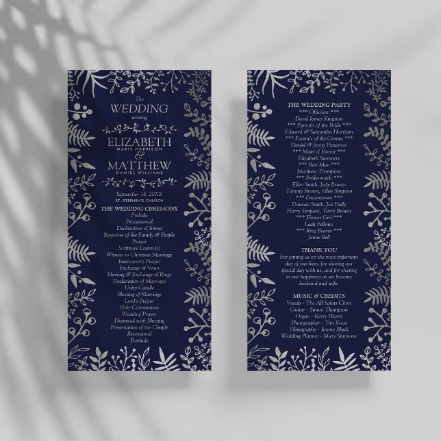 Elegant Navy & Silver Floral Wedding Program Rack Card (Creator Uploaded)