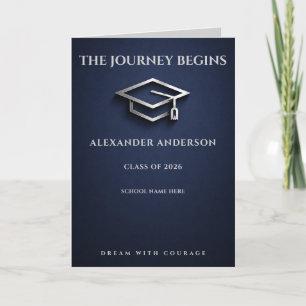Elegant Navy & Silver Line Art Cap Graduation Card