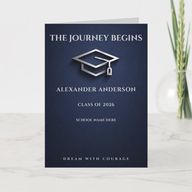 Elegant Navy & Silver Line Art Cap Graduation  Card (Front)