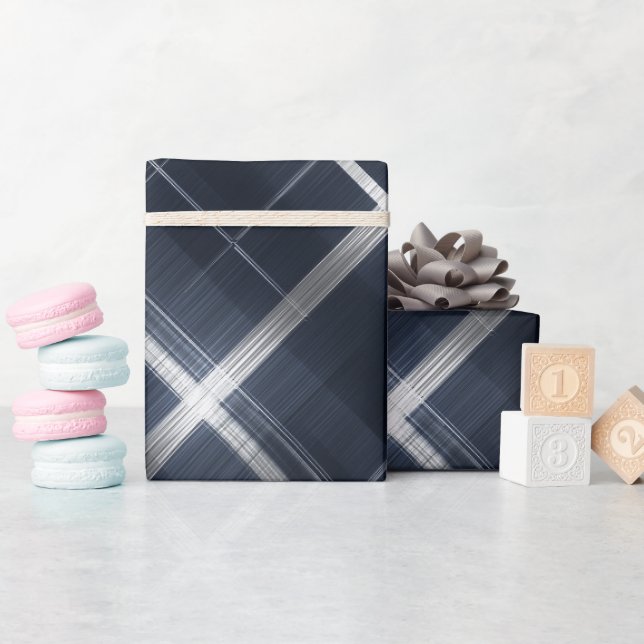Elegant Navy Silver Luxury Grid Plaid Pattern Wrapping Paper (Baby Shower)