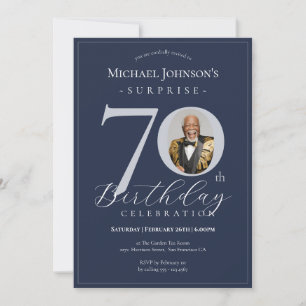 Elegant Navy Silver Photo Surprise 70th Birthday Invitation