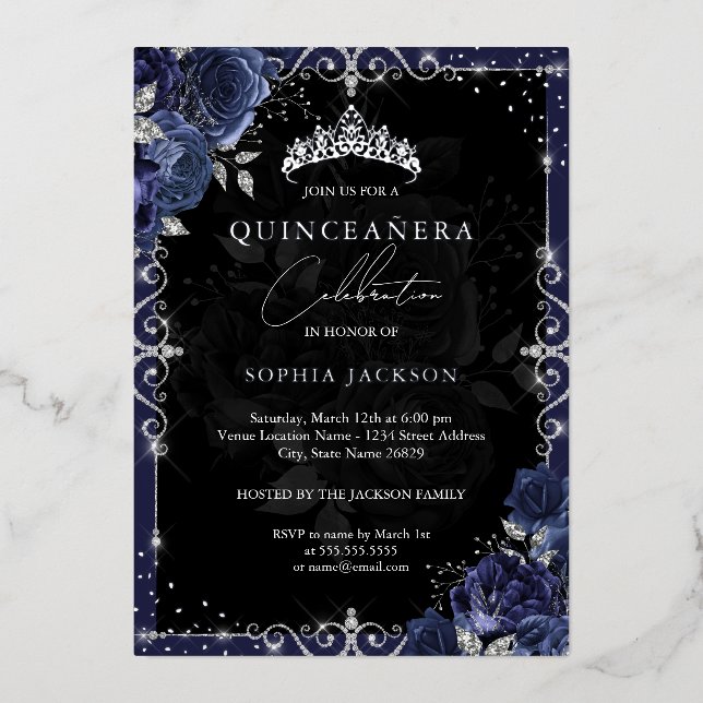Elegant Navy Silver Rose Quinceanera (Front)