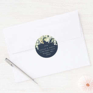 Elegant Navy Snowberry+Eucalyptus Address Classic Round Sticker