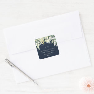 Elegant Navy Snowberry+Eucalyptus Address Classic Square Sticker