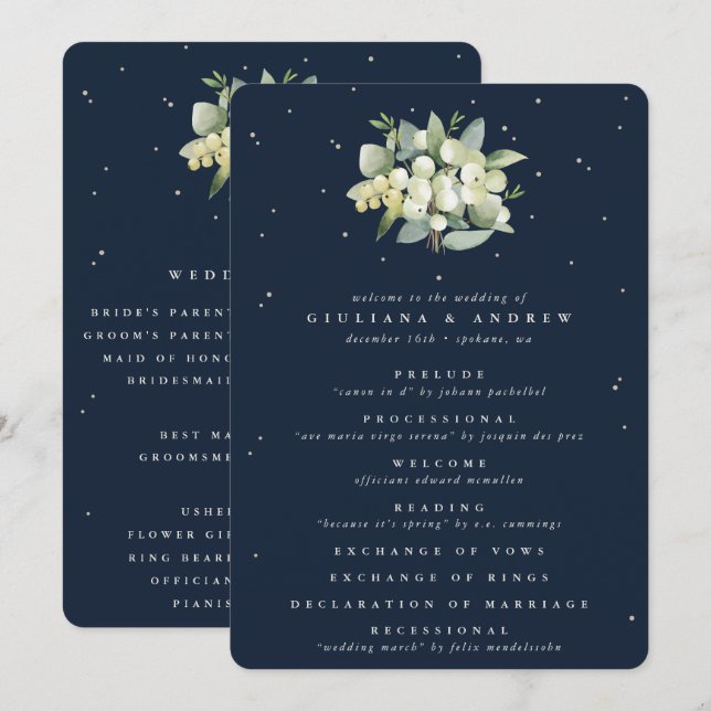 Elegant Navy Snowberry+Eucalyptus Bouquet Wedding Program (Front/Back)