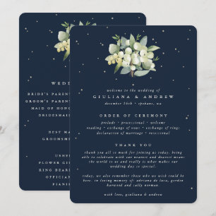 Elegant Navy Snowberry+Eucalyptus Bouquet Wedding Program
