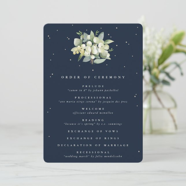 Elegant Navy Snowberry+Eucalyptus Bouquet Wedding Program (Standing Front)